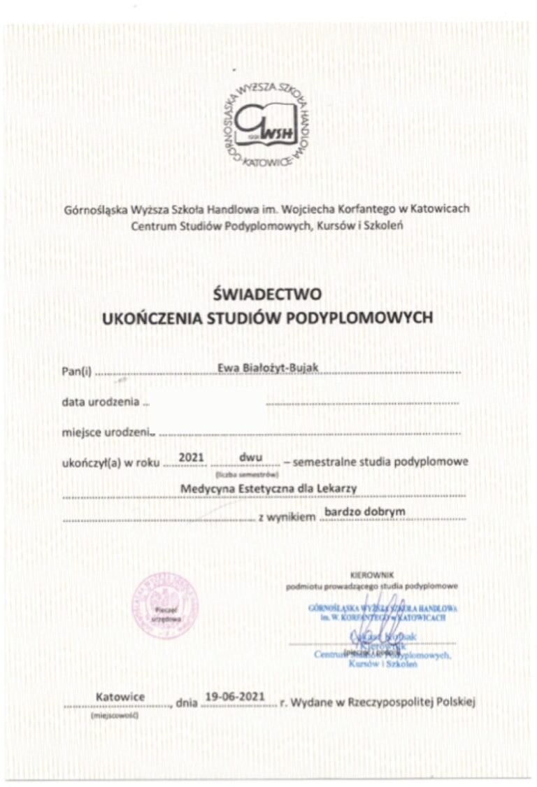 Świadectwo ukończenia studiów podyplomowych „Medycyna estetyczna dla lekarzy” – GWSH Katowice, 2021