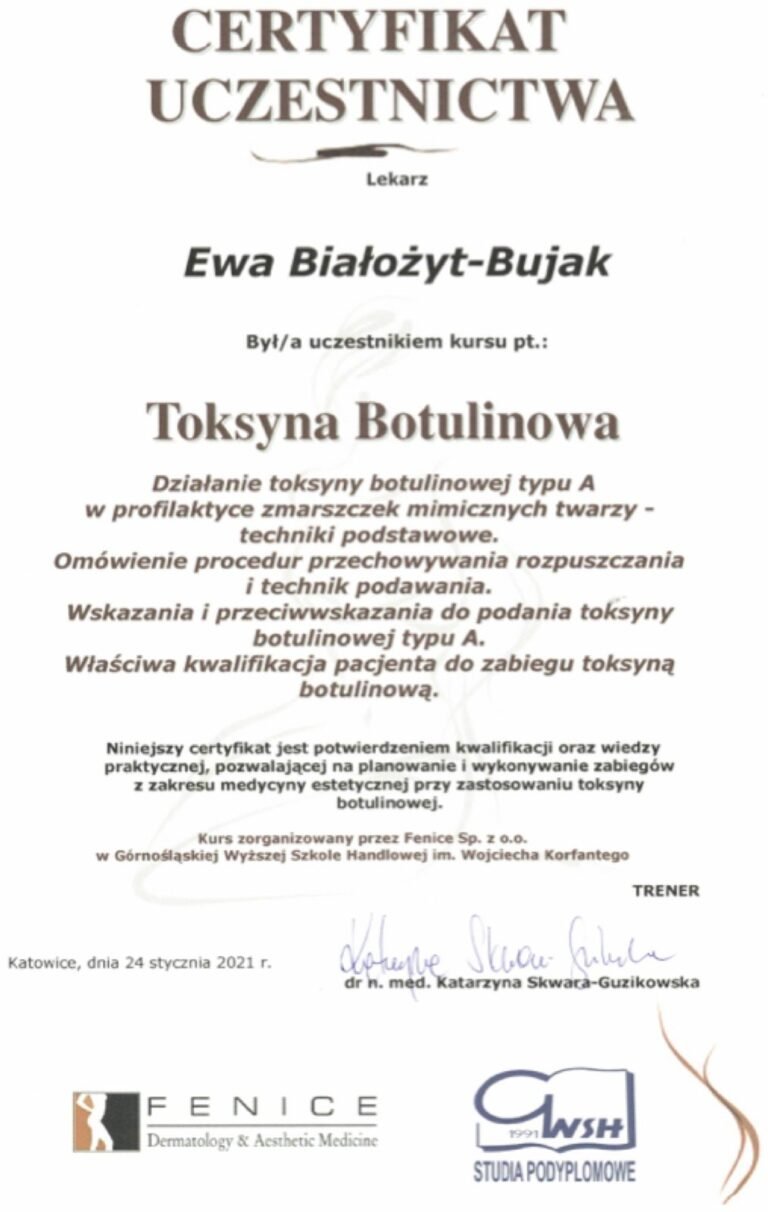 Certyfikat uczestnictwa – Toksyna botulinowa (Fenice / GWSH, 2021)