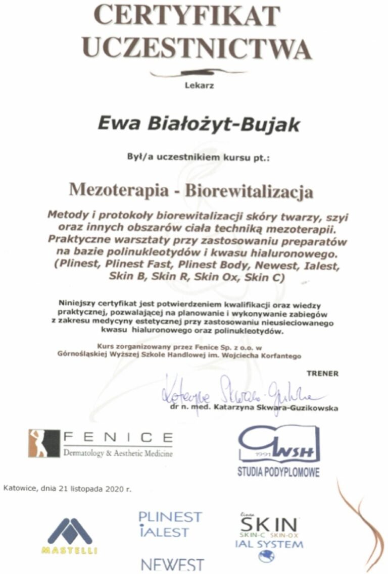 Certyfikat uczestnictwa – Mezoterapia i biorewitalizacja (Fenice / GWSH, 2020)