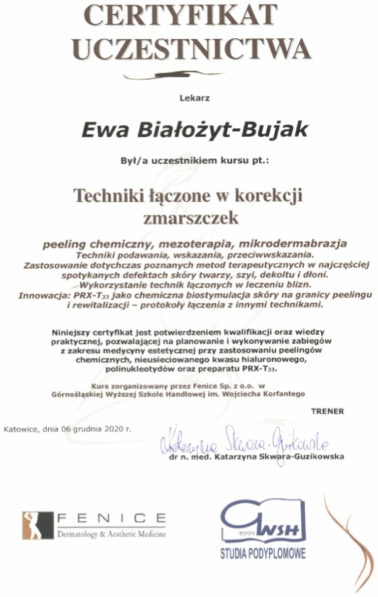 Certyfikat uczestnictwa – Techniki łączone w korekcji zmarszczek (Fenice / GWSH, 2020)