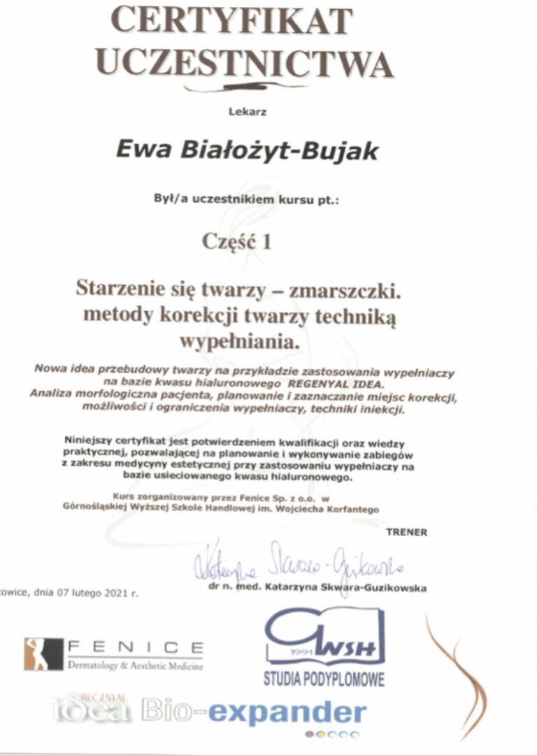 Certyfikat uczestnictwa – Starzenie się twarzy: metody korekcji techniką wypełniania, cz. 1 (Fenice / GWSH, 2021)