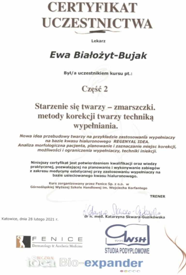 Certyfikat uczestnictwa – Starzenie się twarzy: metody korekcji techniką wypełniania, cz. 2 (Fenice / GWSH, 2021)