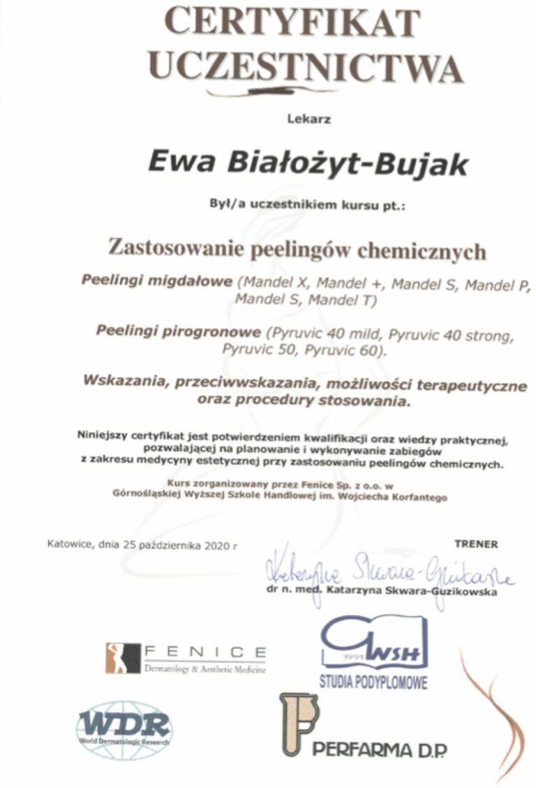 Certyfikat uczestnictwa – Zastosowanie peelingów chemicznych (Fenice / GWSH, 2020)
