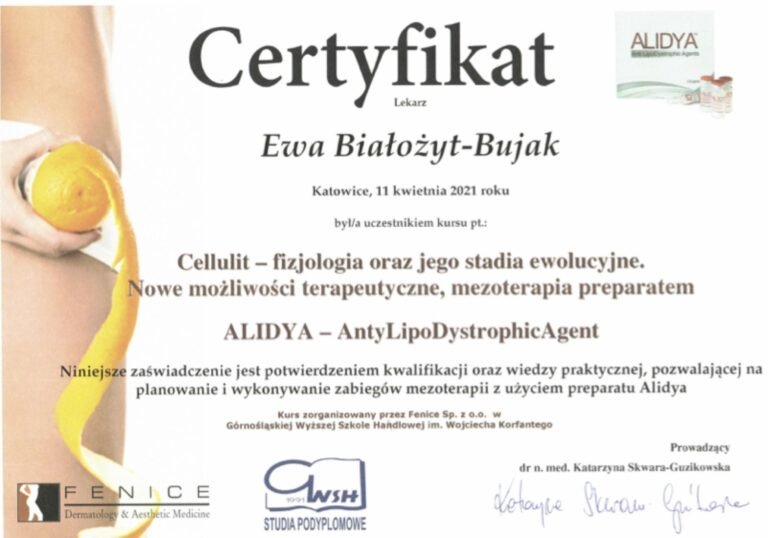 Certyfikat – Cellulit i mezoterapia preparatem Alidya (Fenice / GWSH, 2021)