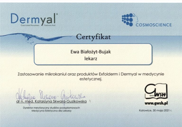 Certyfikat – Zastosowanie mikrokaniuli oraz produktów Exfoliderm i Dermyal (GWSH / Cosmoscience, 2021)