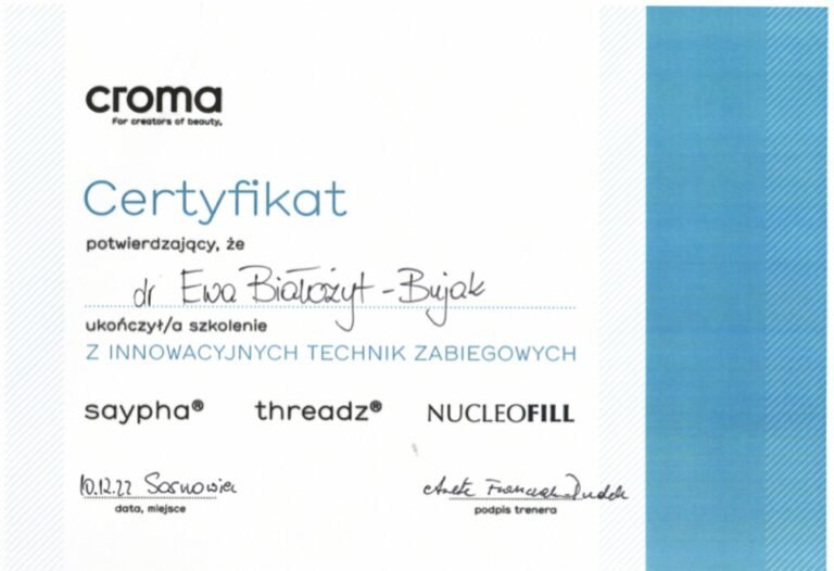 Certyfikat – Croma: innowacyjne techniki zabiegowe saypha, threadz, Nucleofill (2022)
