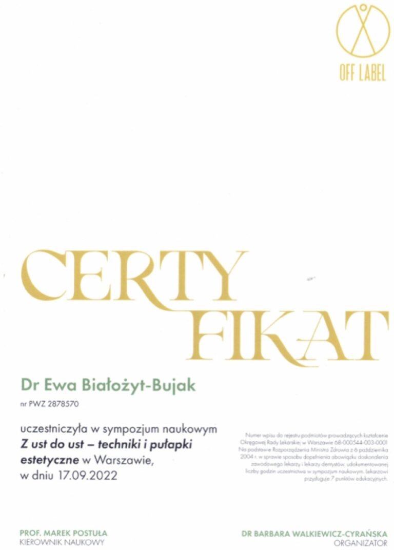 Certyfikat – Sympozjum naukowe „Z ust do ust – techniki i pułapki estetyczne” (2022)