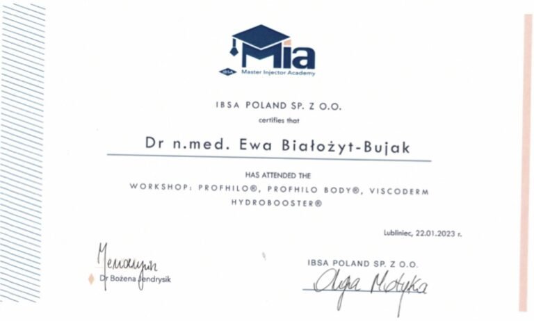 Certyfikat – IBSA: Profhilo, Profhilo Body, Viscoderm Hydrobooster (2023)