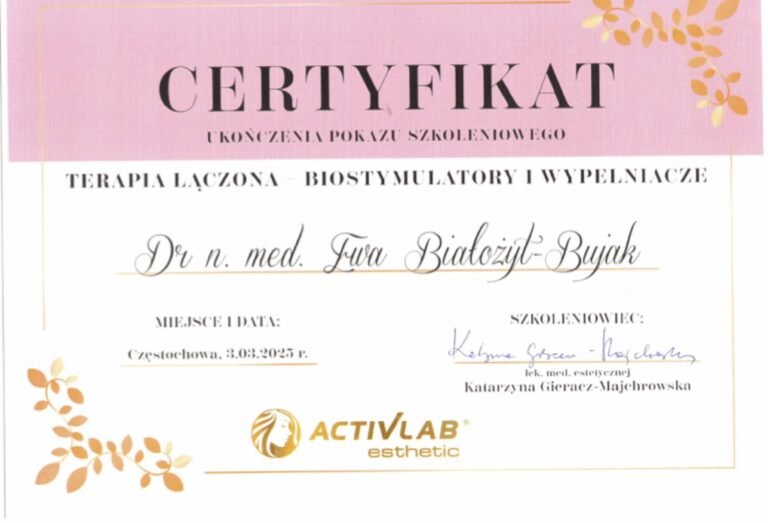 Certyfikat – Activlab: Terapia łączona – biostymulatory i wypełniacze (2025)