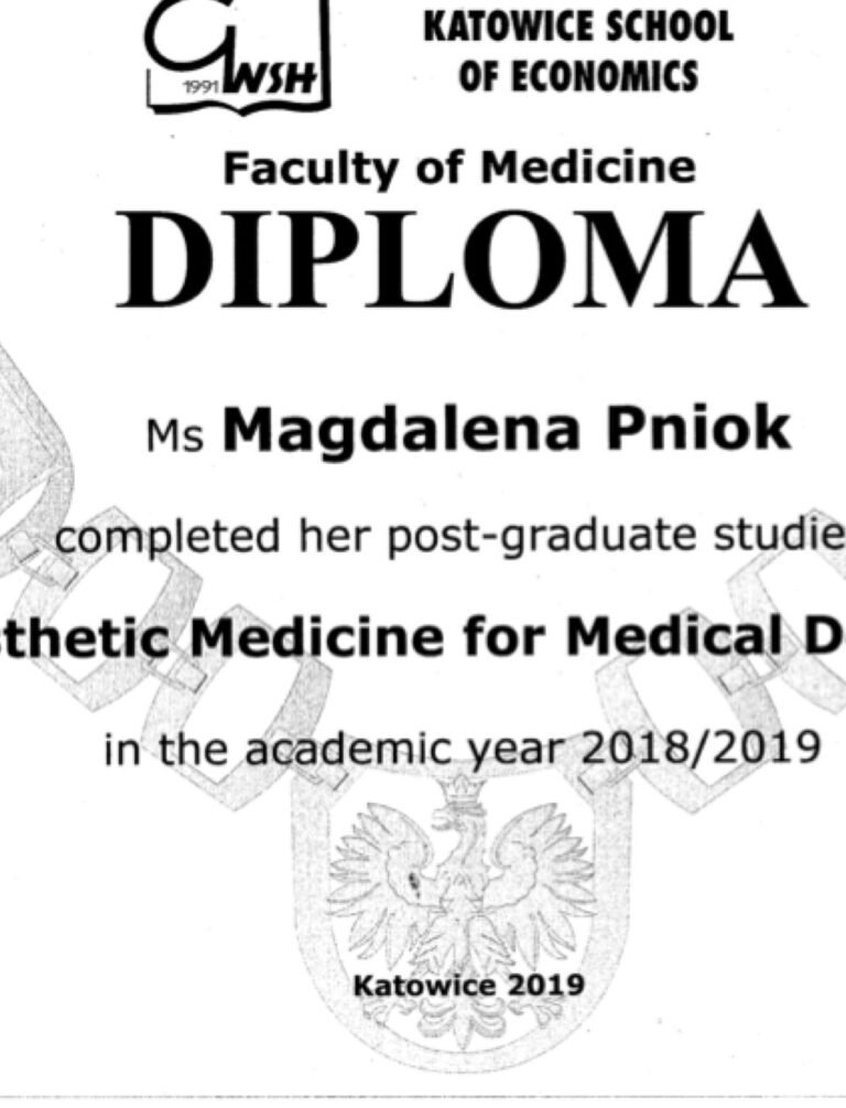 Dyplom ukończenia studiów podyplomowych „Aesthetic Medicine for Medical Doctors” – Katowice School of Economics (GWSH), 2019