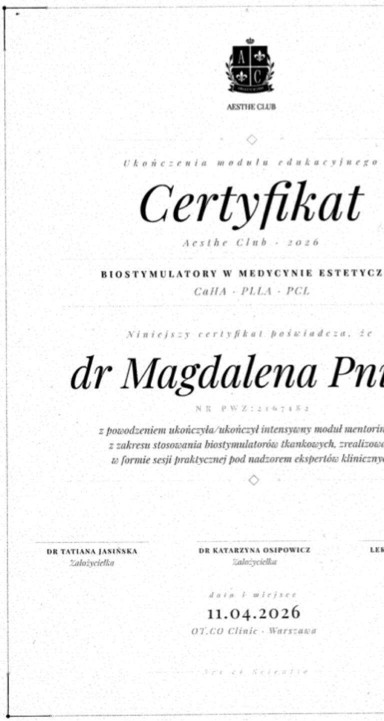 Certyfikat – Biostymulatory w medycynie estetycznej: CaHA, PLLA, PCL (Warszawa, 2026)