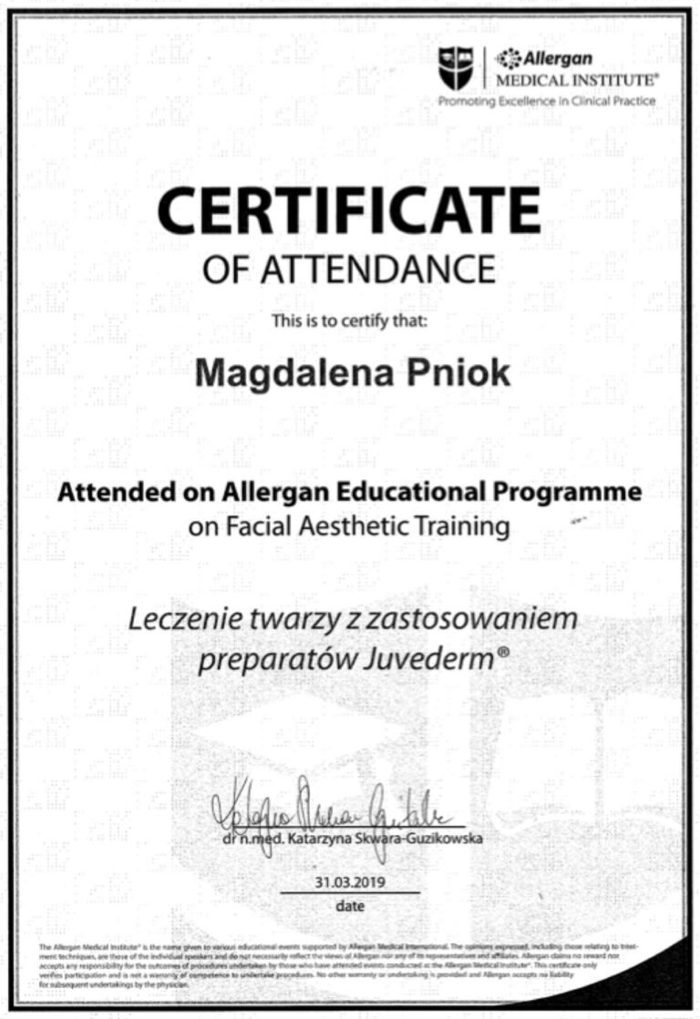 Certificate of Attendance – Allergan Educational Programme on Facial Aesthetic Training: Juvederm (2019)