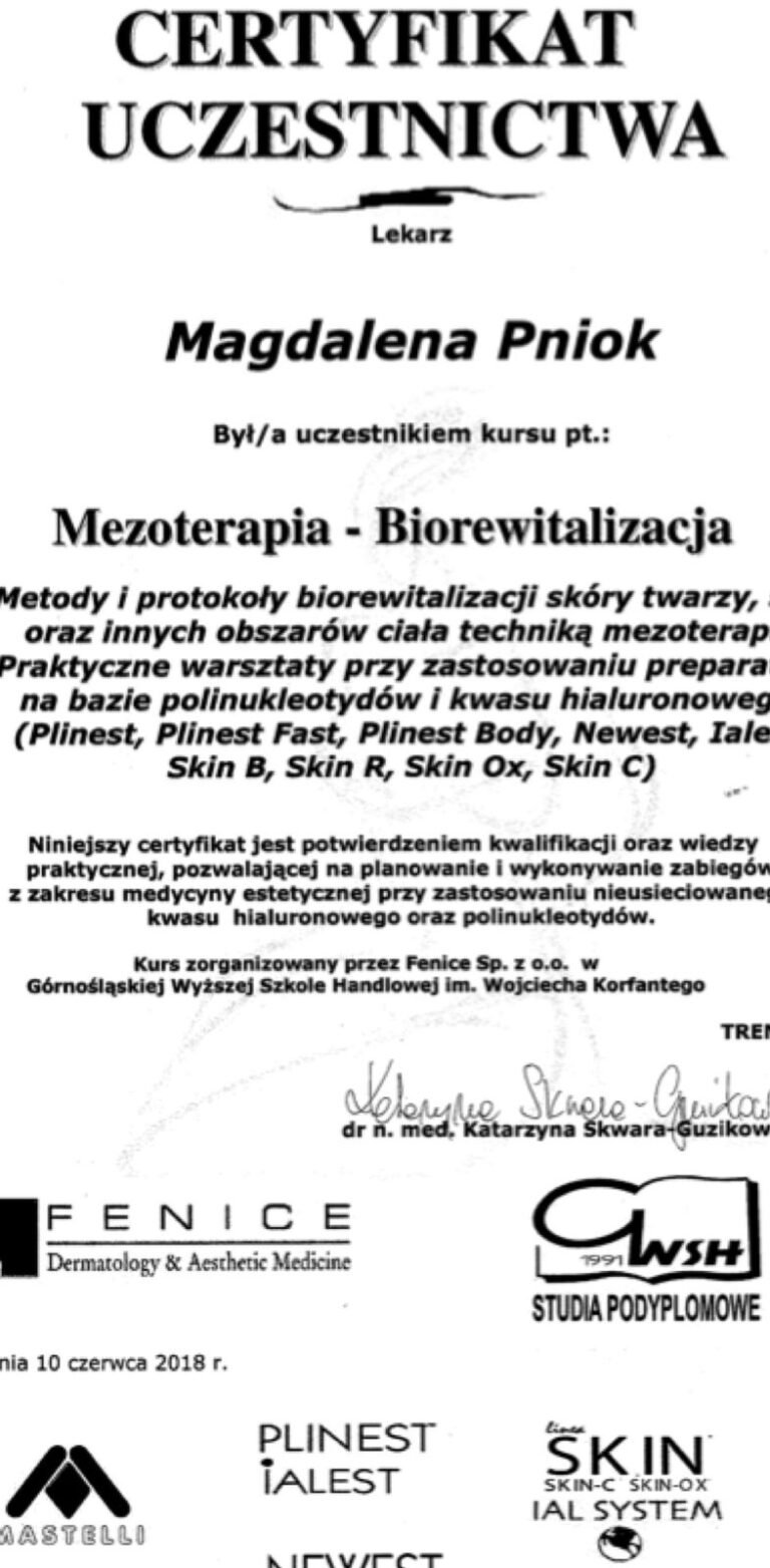 Certyfikat uczestnictwa – Mezoterapia i biorewitalizacja (Fenice / GWSH, 2018)