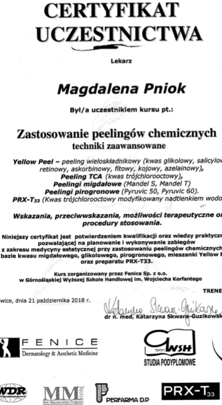 Certyfikat uczestnictwa – Zastosowanie peelingów chemicznych: techniki zaawansowane (Fenice / GWSH, 2018)