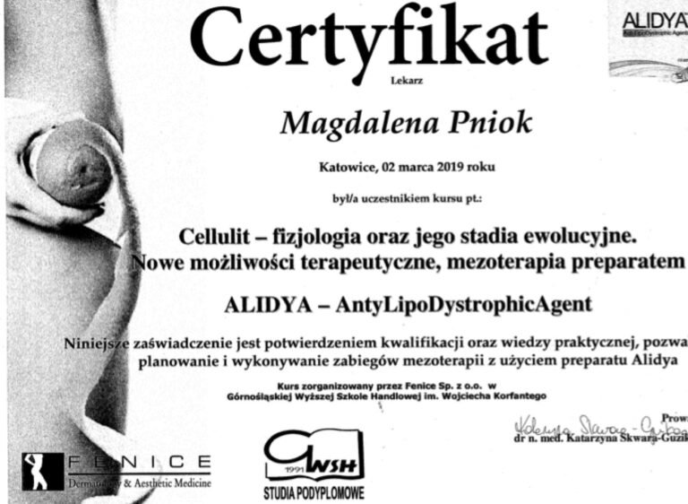 Certyfikat – Cellulit i mezoterapia preparatem Alidya (Fenice / GWSH, 2019)