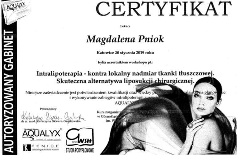 Certyfikat – Intralipoterapia Aqualyx (Fenice / GWSH, 2019)
