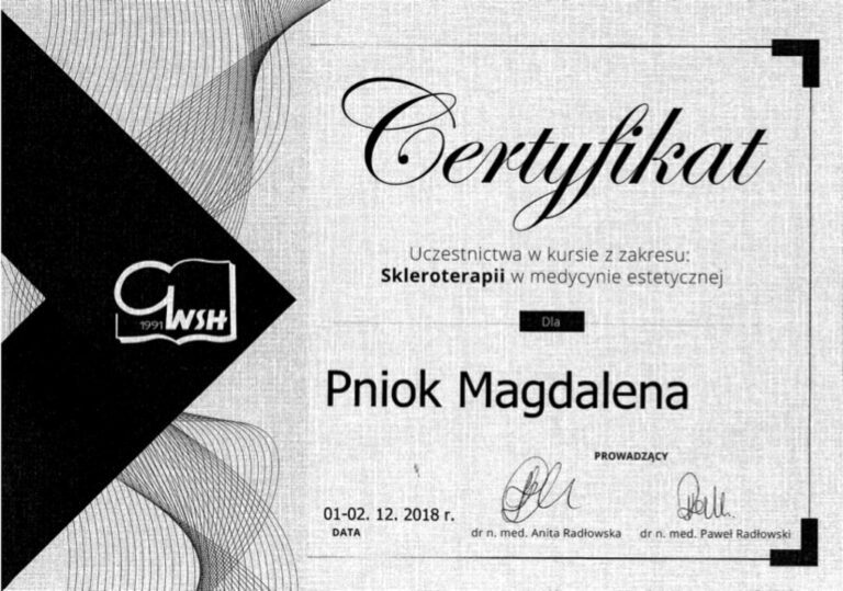 Certyfikat – Skleroterapia w medycynie estetycznej (GWSH, 2018)