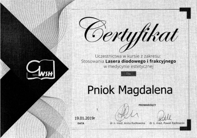 Certyfikat – Stosowanie lasera diodowego i frakcyjnego w medycynie estetycznej (GWSH, 2019)