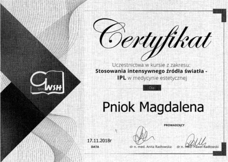 Certyfikat – Stosowanie intensywnego źródła światła IPL w medycynie estetycznej (GWSH, 2018)