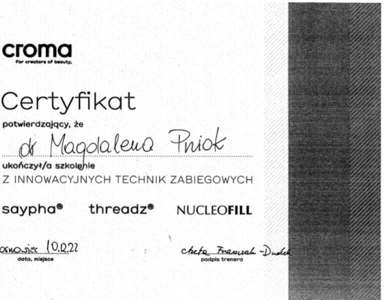 Certyfikat – Croma: innowacyjne techniki zabiegowe saypha, threadz, Nucleofill (2022)