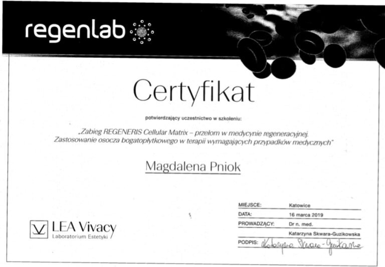 Certyfikat – Regenlab: Regeneris Cellular Matrix, osocze bogatopłytkowe w medycynie regeneracyjnej (2019)