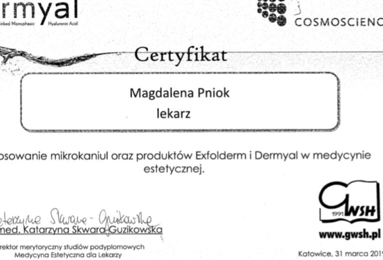 Certyfikat – Zastosowanie mikrokaniuli oraz produktów Exfoliderm i Dermyal (GWSH / Cosmoscience, 2019)