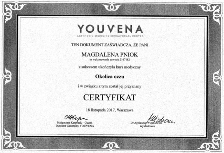 Certyfikat – Youvena: okolica oczu (2017)