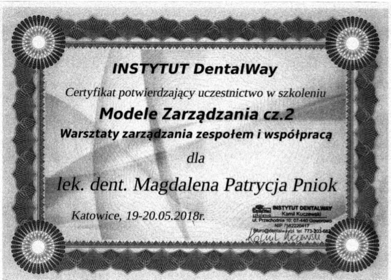 Certyfikat – Instytut DentalWay: Modele zarządzania cz. 2 – warsztaty zarządzania zespołem (2018)
