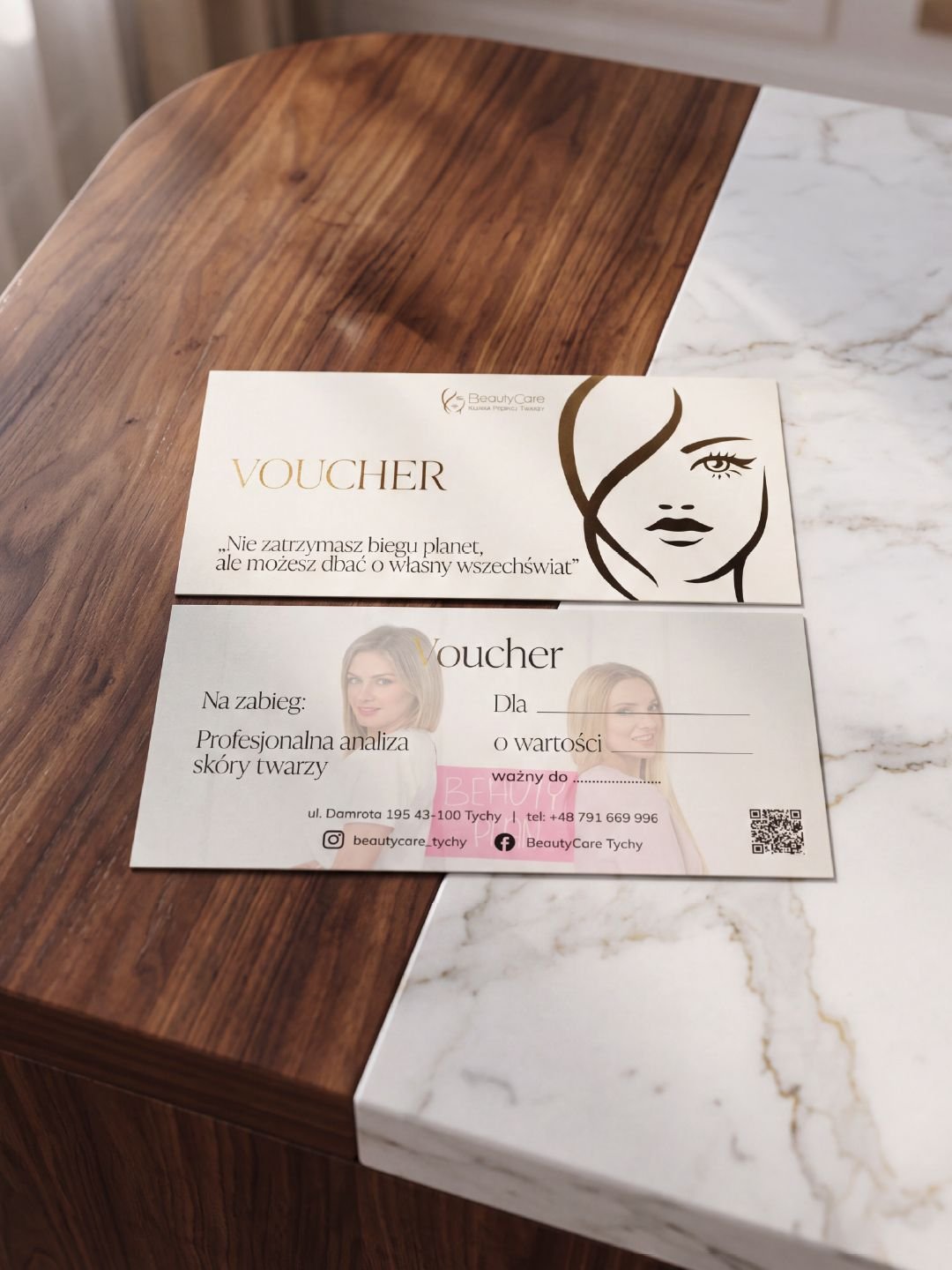 Voucher BeautyCare — awers i rewers z miejscem na zabieg, wartość i datę ważności